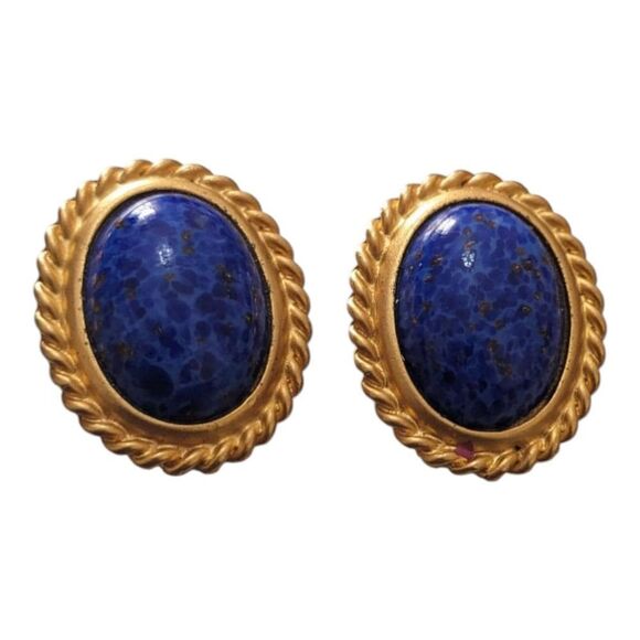 Vintage Leslie‎ Block Statement Earrings Blue Speckle Cabochon Gold Tone Clip On